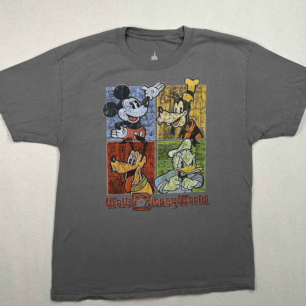Walt Disney World T-Shirt Mickey Pluto Donald‎ Goofy Unisex L Retro Gray